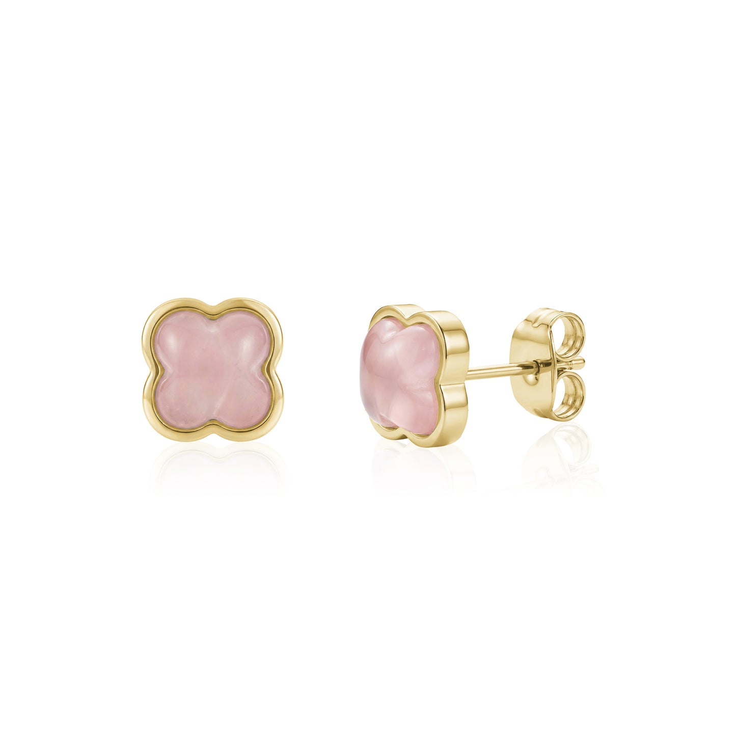 Gold-tone rose clover stud earrings with pink glass stone, front and side view