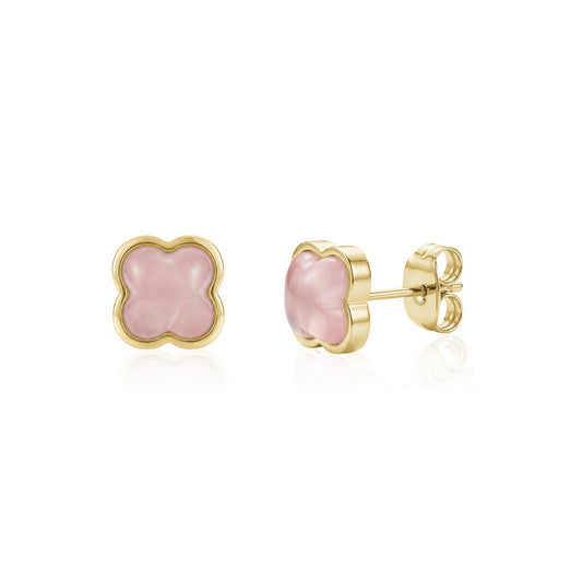 Gold-tone rose clover stud earrings with pink glass stone, front and side view
