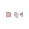 Silver-tone rose clover stud earrings with pink glass stone, front and side view