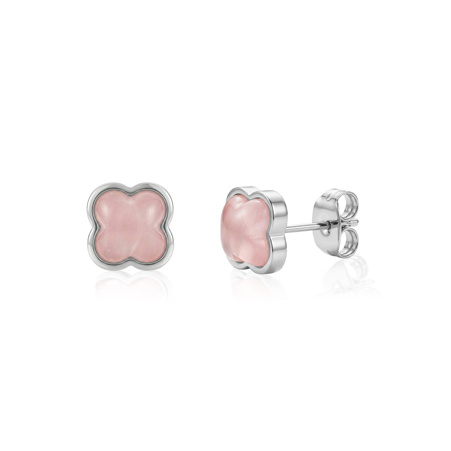 Silver-tone rose clover stud earrings with pink glass stone, front and side view