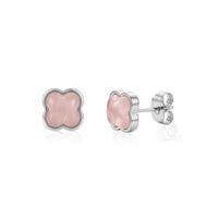 Silver-tone rose clover stud earrings with pink glass stone, front and side view