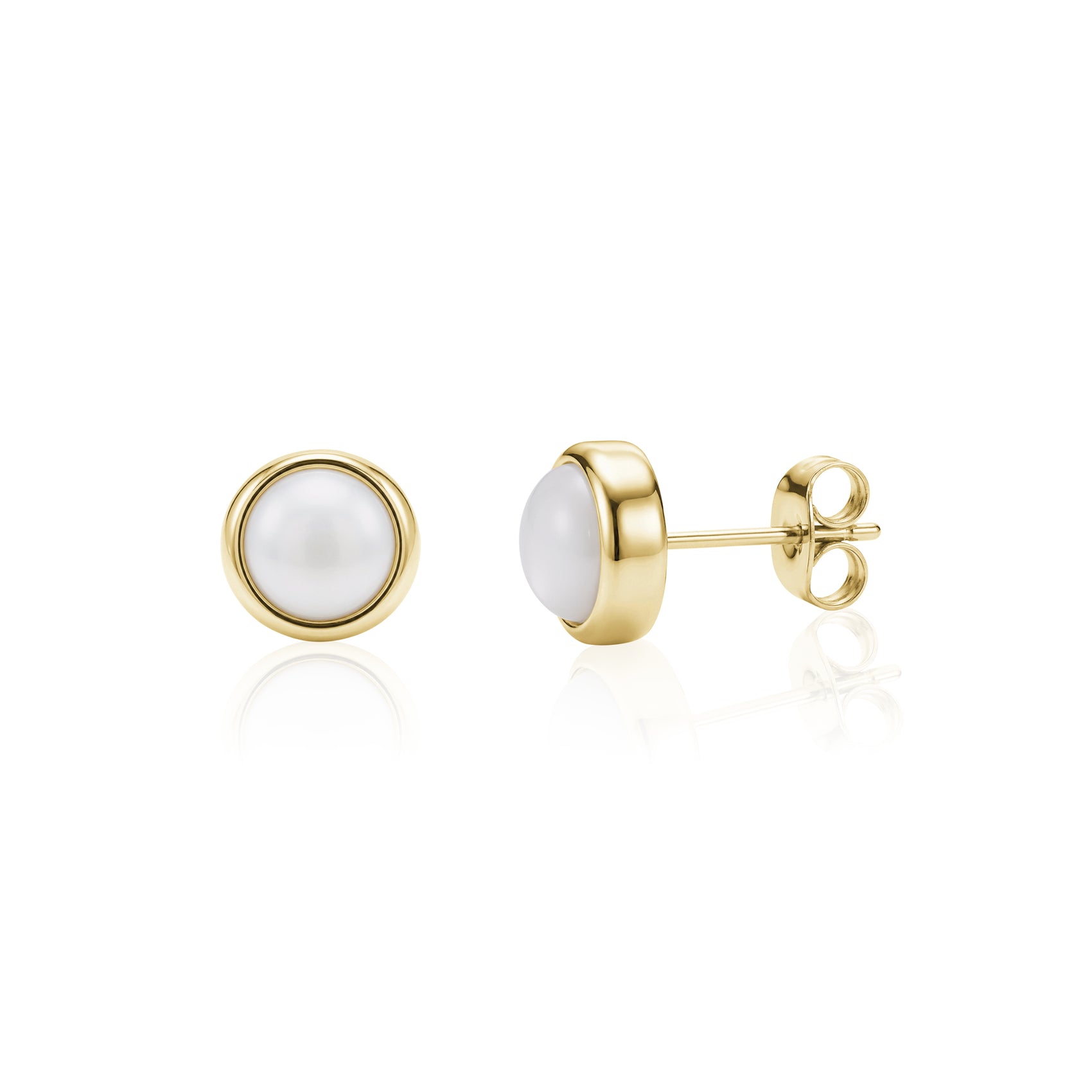 Gold-tone mother of pearl stud earrings 9mm wide showing front and side views
