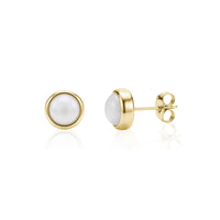 Gold-tone mother of pearl stud earrings 9mm wide showing front and side views