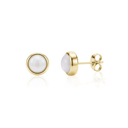 Gold-tone mother of pearl stud earrings 9mm wide showing front and side views