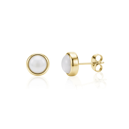 Gold-tone mother of pearl stud earrings 9mm wide showing front and side views