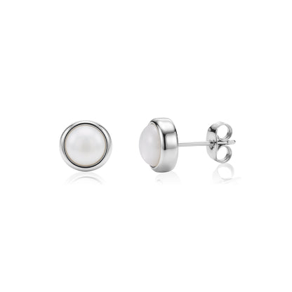Silver-tone mother of pearl stud earrings 9mm wide showing front and side views
