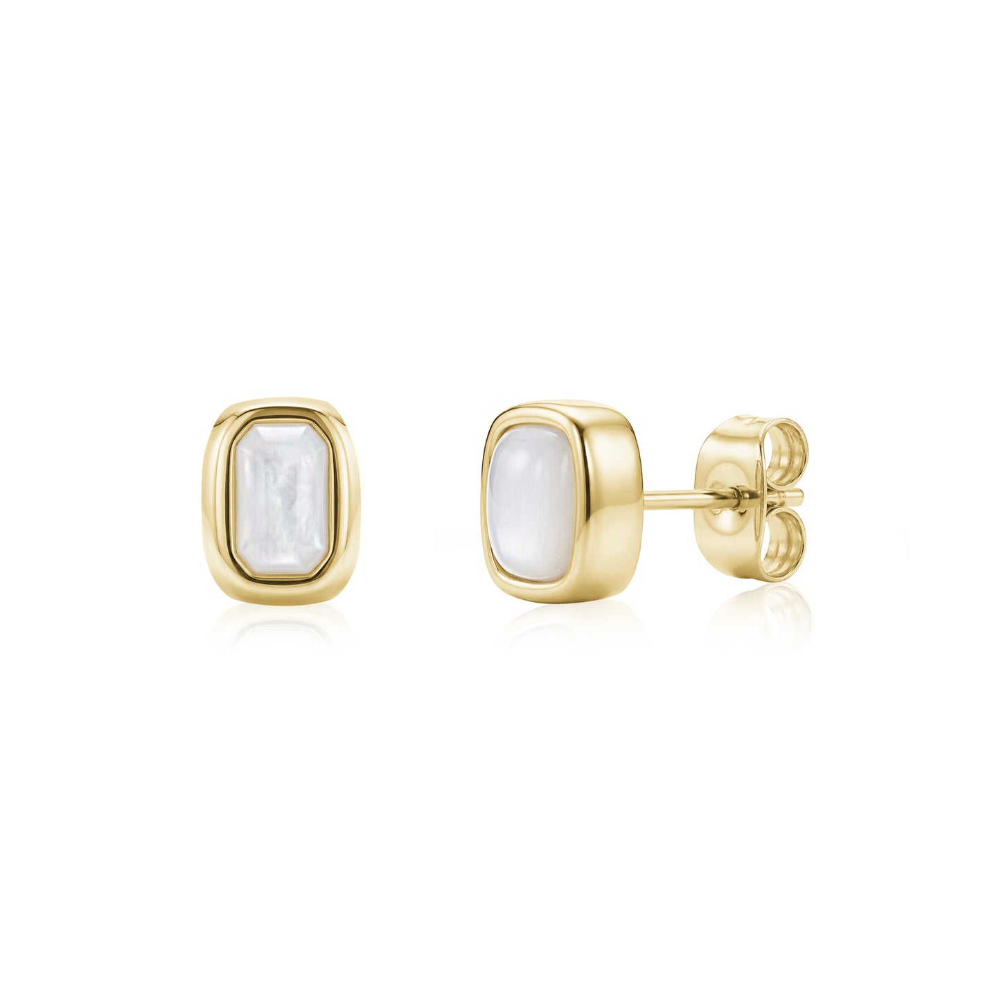 Gold-tone cushion-shaped stud earrings with mother of pearl centers shown front and side views