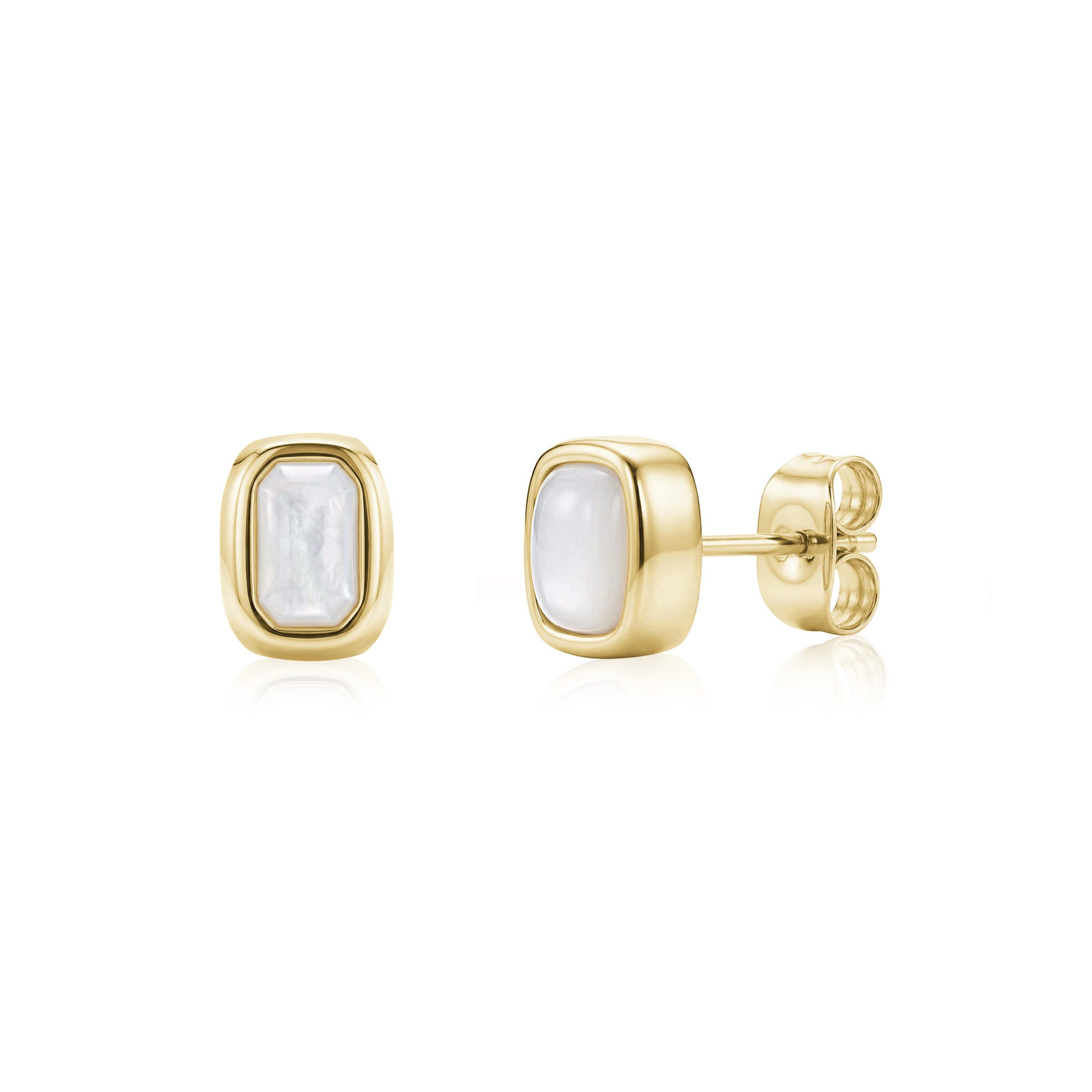 Gold-tone cushion-shaped stud earrings with mother of pearl centers shown front and side views