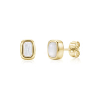 Gold-tone cushion-shaped stud earrings with mother of pearl centers shown front and side views