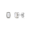 Silver-tone cushion-shaped stud earrings with mother of pearl centers showing front and side views