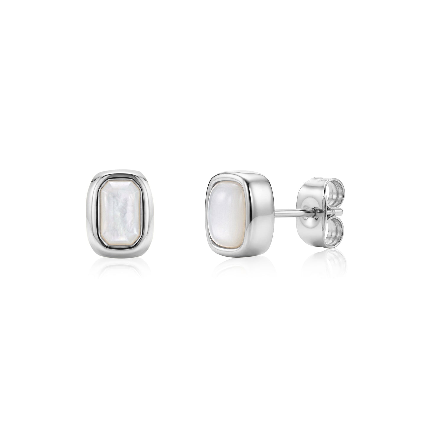 Silver-tone cushion-shaped stud earrings with mother of pearl centers showing front and side views