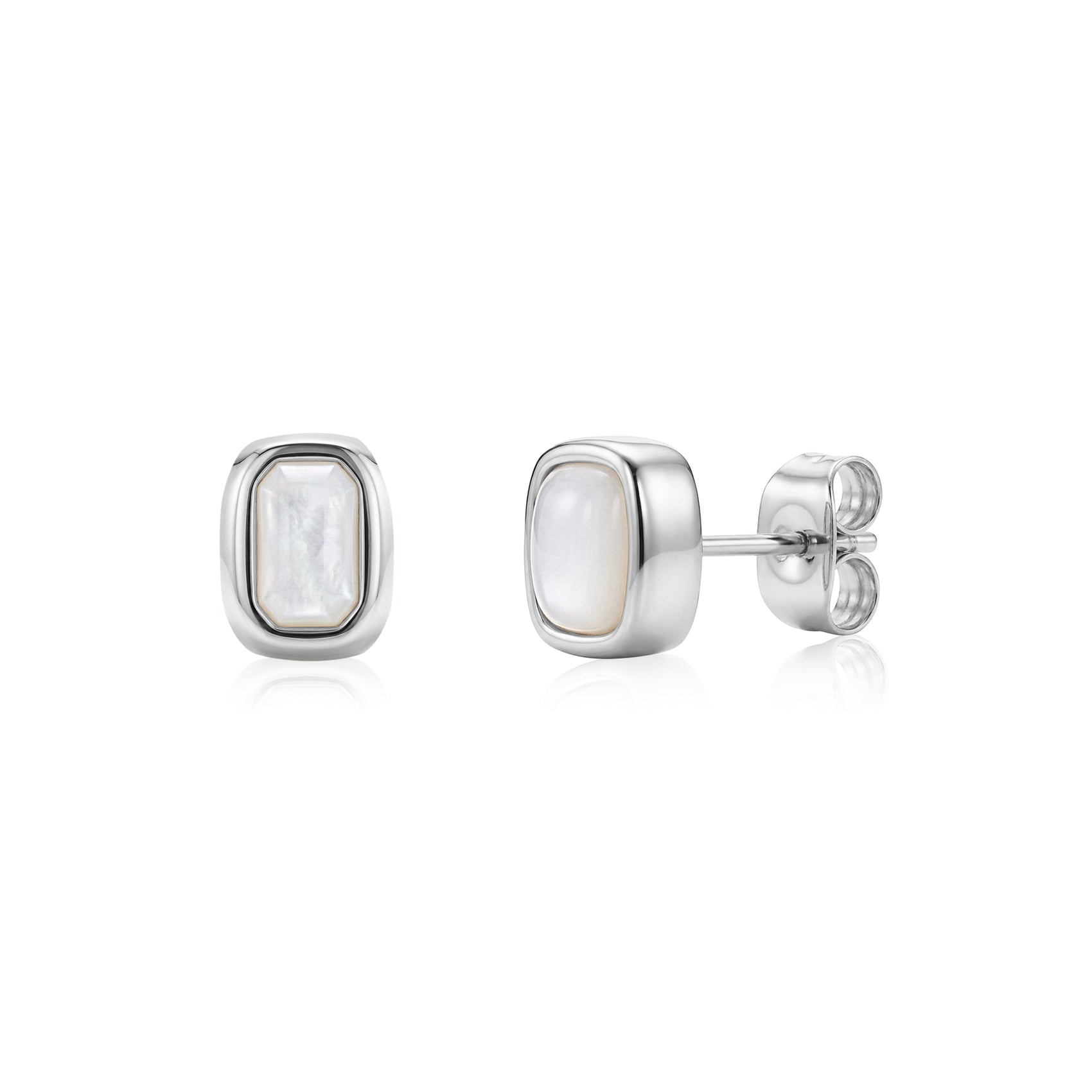Silver-tone cushion-shaped stud earrings with mother of pearl centers showing front and side views