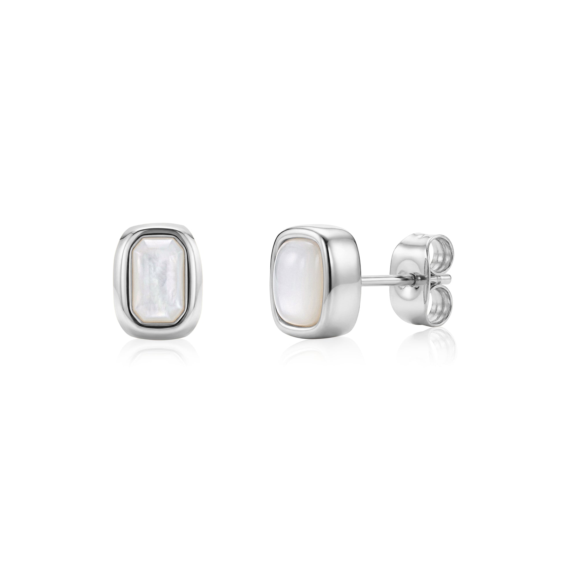 Silver-tone cushion-shaped stud earrings with mother of pearl centers showing front and side views