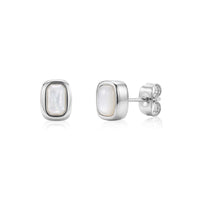 Silver-tone cushion-shaped stud earrings with mother of pearl centers showing front and side views