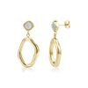 Gold tone fluid drop earrings with square mother of pearl studs and open irregular oval dangles
