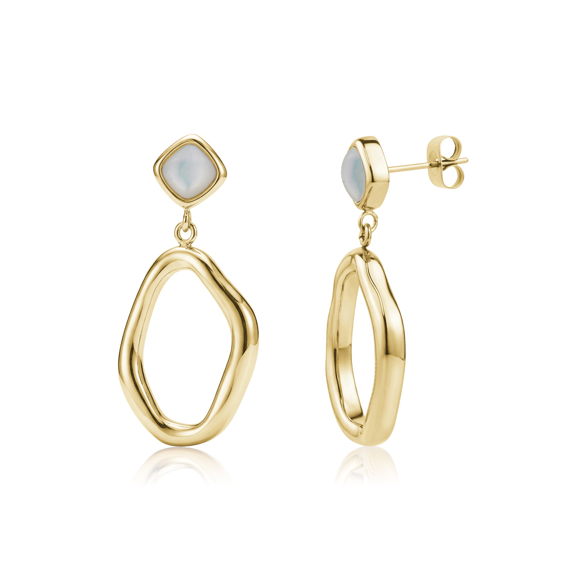 Gold tone fluid drop earrings with square mother of pearl studs and open irregular oval dangles