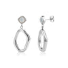 Silver tone fluid drop earrings with square mother of pearl studs and open irregular oval dangles