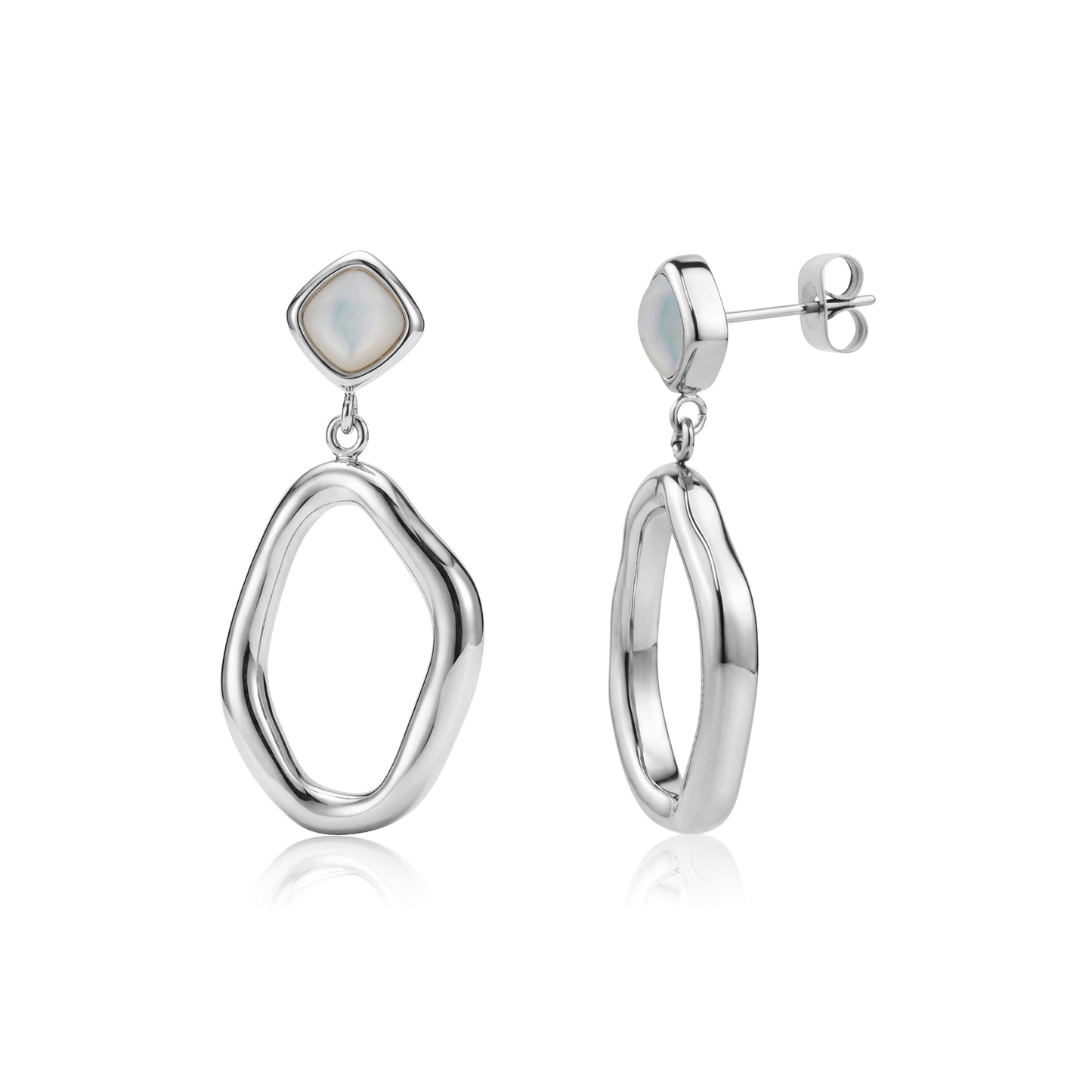 Silver tone fluid drop earrings with square mother of pearl studs and open irregular oval dangles
