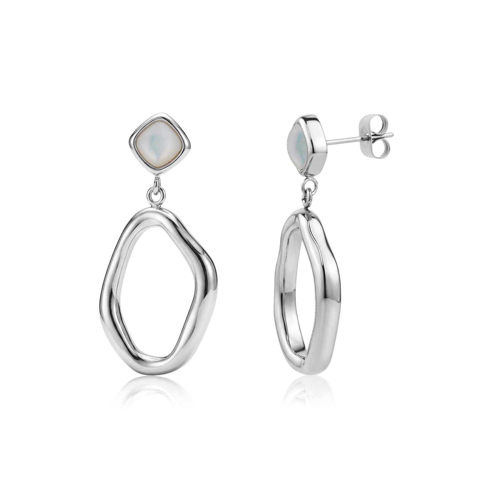 Silver tone fluid drop earrings with square mother of pearl studs and open irregular oval dangles