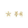 Gold stainless steel starfish stud earrings with a central cubic zirconia stone, front and side views