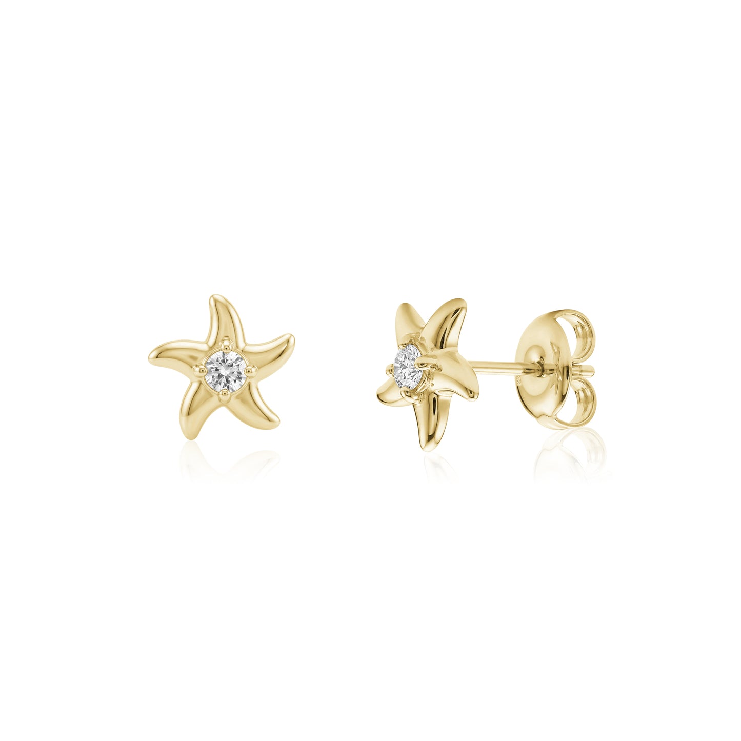 Gold stainless steel starfish stud earrings with a central cubic zirconia stone, front and side views