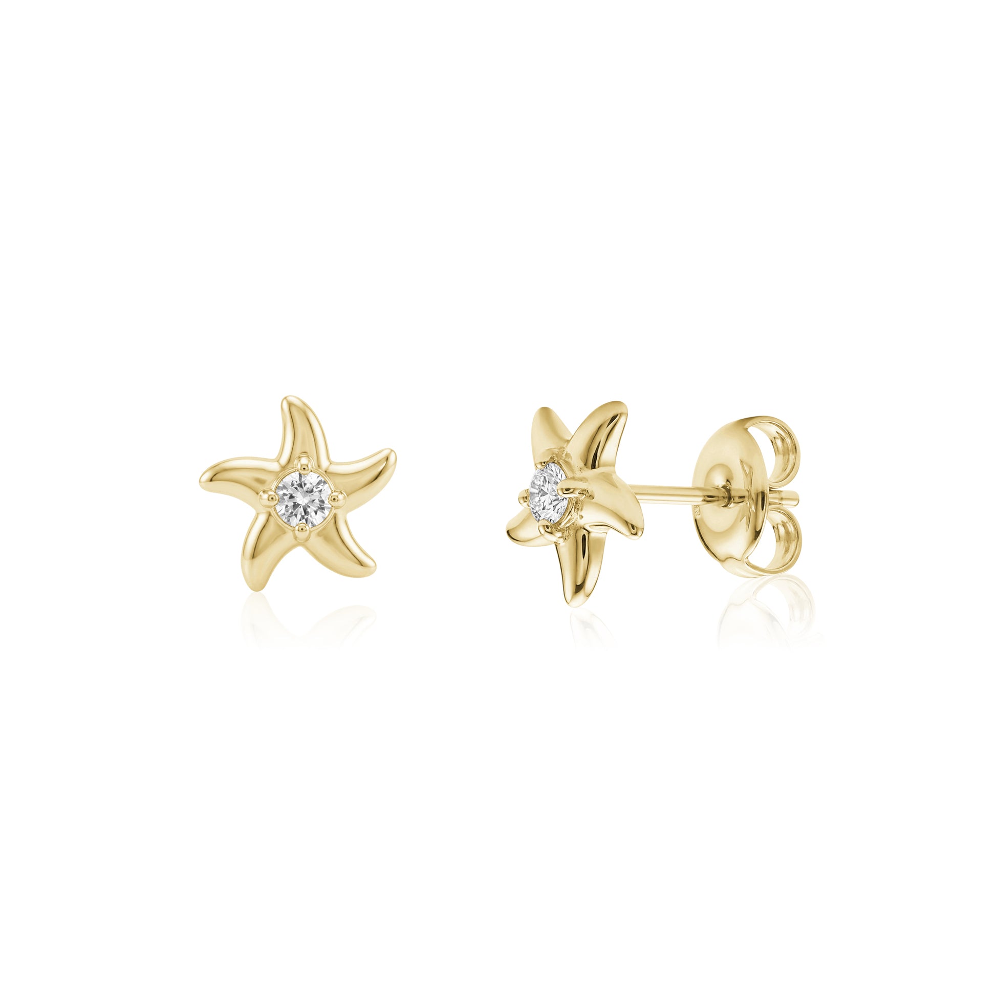 Gold stainless steel starfish stud earrings with a central cubic zirconia stone, front and side views