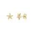 Gold stainless steel starfish stud earrings with a central cubic zirconia stone, front and side views