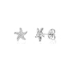 Silver stainless steel starfish stud earrings with a central cubic zirconia stone, front and side views