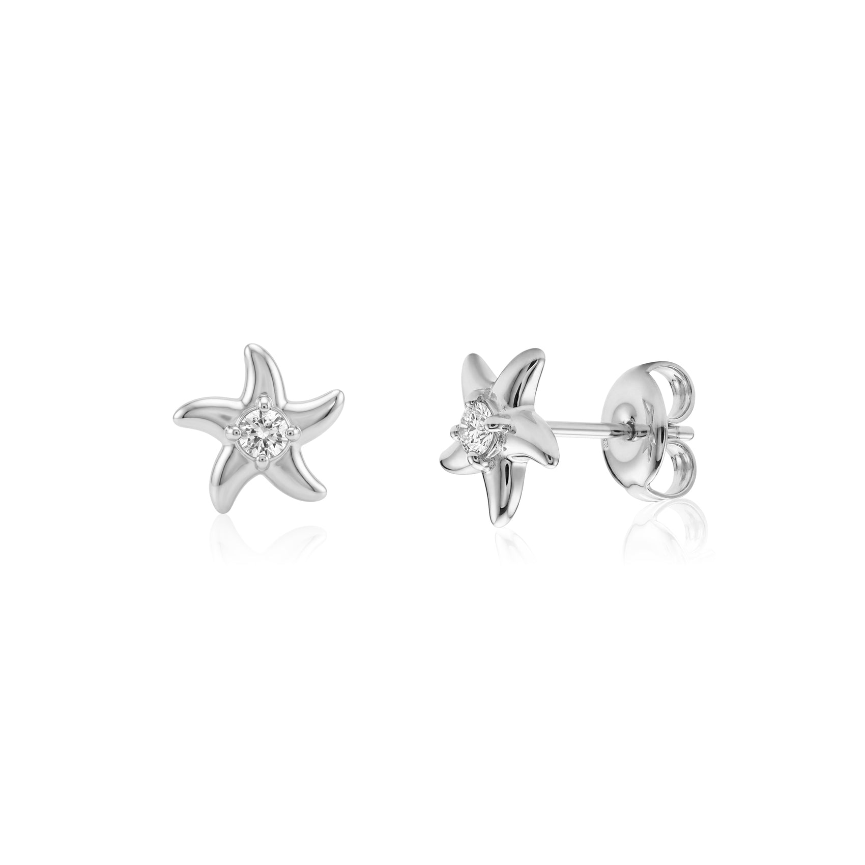 Silver stainless steel starfish stud earrings with a central cubic zirconia stone, front and side views