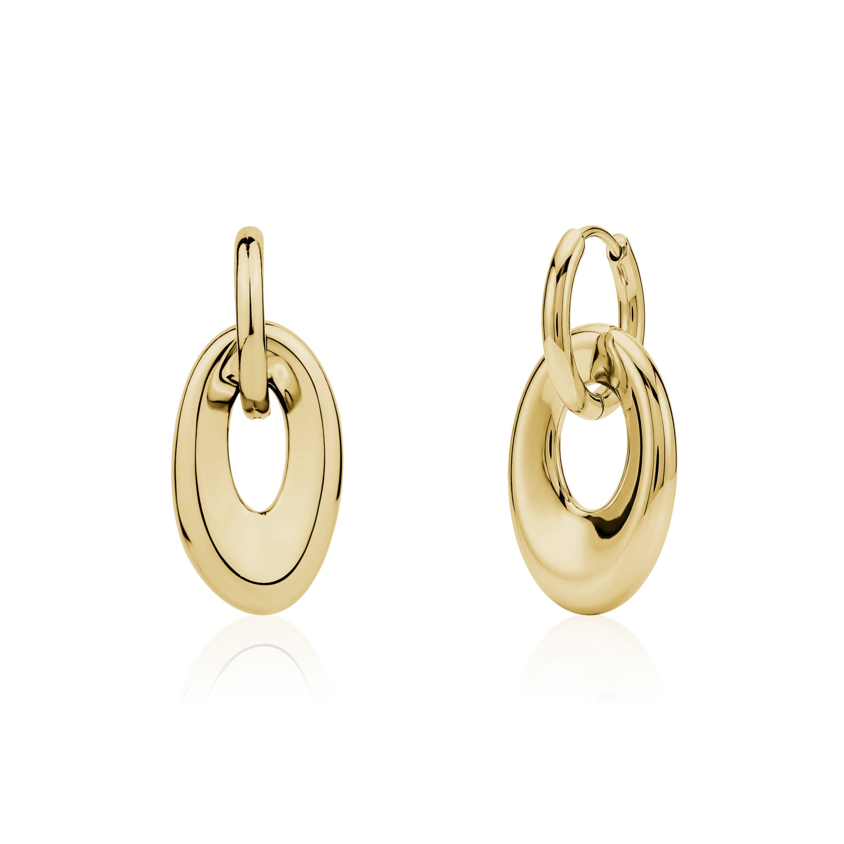 Bold oval link drop earrings in polished gold stainless steel with smooth reflective surface.
