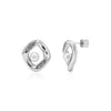 Silver stainless steel stud earring with an 18mm wide bold frame, featuring a 6mm white shell pearl in the center and textured accents on the frame