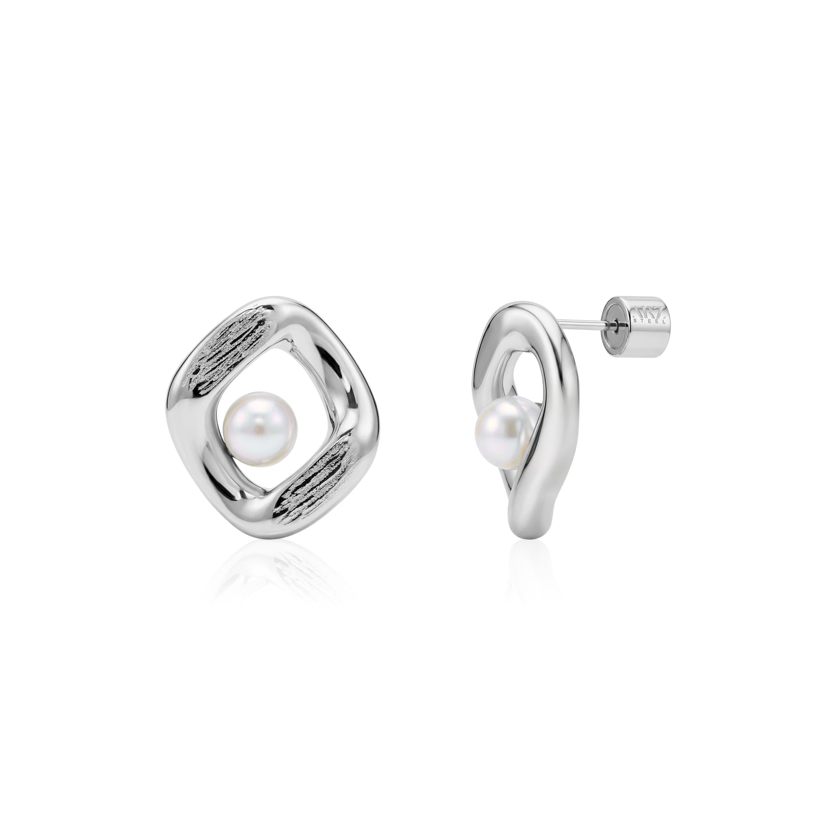 Silver stainless steel stud earring with an 18mm wide bold frame, featuring a 6mm white shell pearl in the center and textured accents on the frame