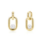 Close-up of gold-tone Pearl Link Signature earring with rectangular link and white shell pearl