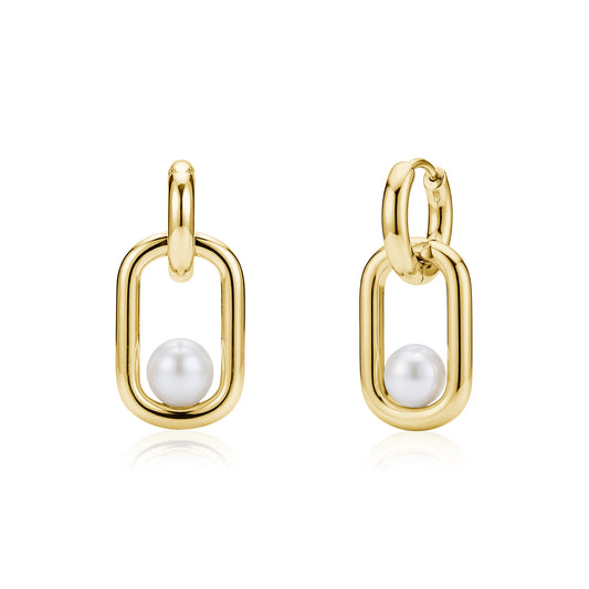 Close-up of gold-tone Pearl Link Signature earring with rectangular link and white shell pearl