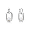 Close-up of silver-tone Pearl Link Signature earring with rectangular link and white shell pearl
