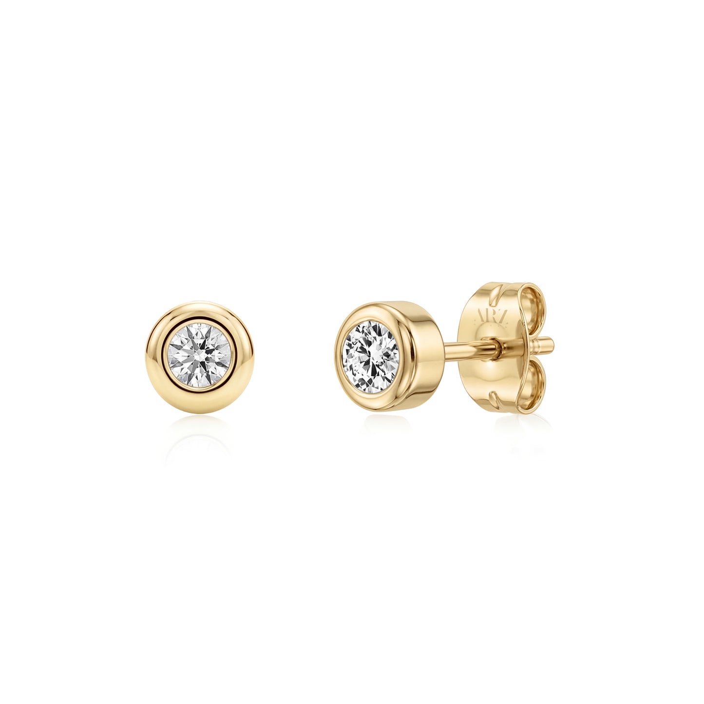 Gold bezel set round stud earrings with 5mm sparkling stones, front and side views