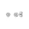 Silver bezel set round stud earrings with 5mm sparkling stones, front and side views