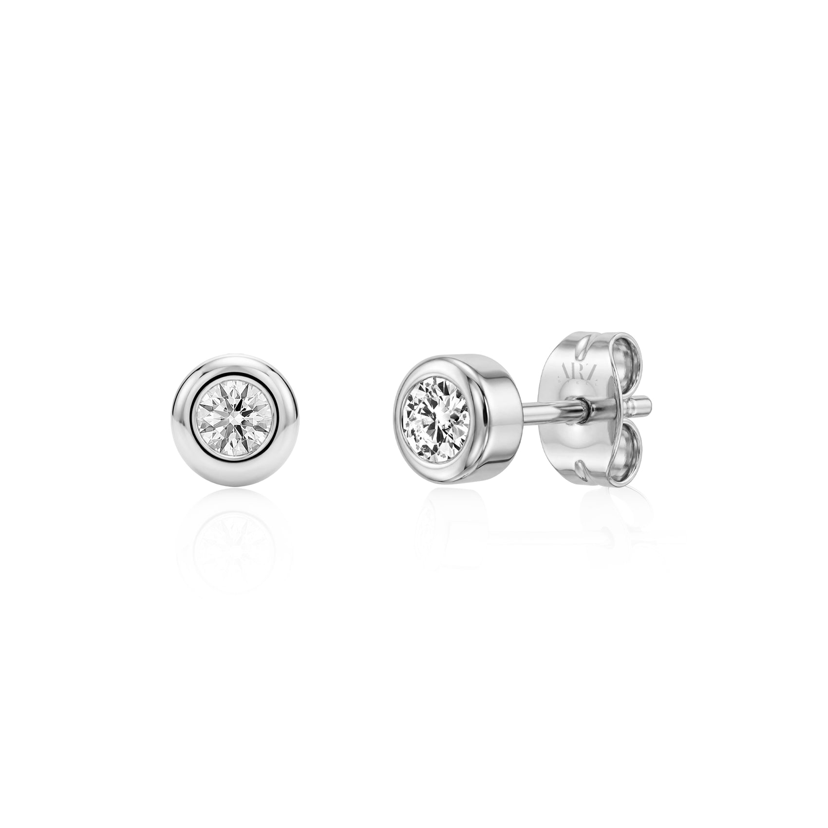 Silver bezel set round stud earrings with 5mm sparkling stones, front and side views