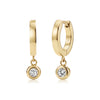 Gold bezel drop huggie hoop earrings with 5mm bezel width and clear stones hanging from 13mm hoops