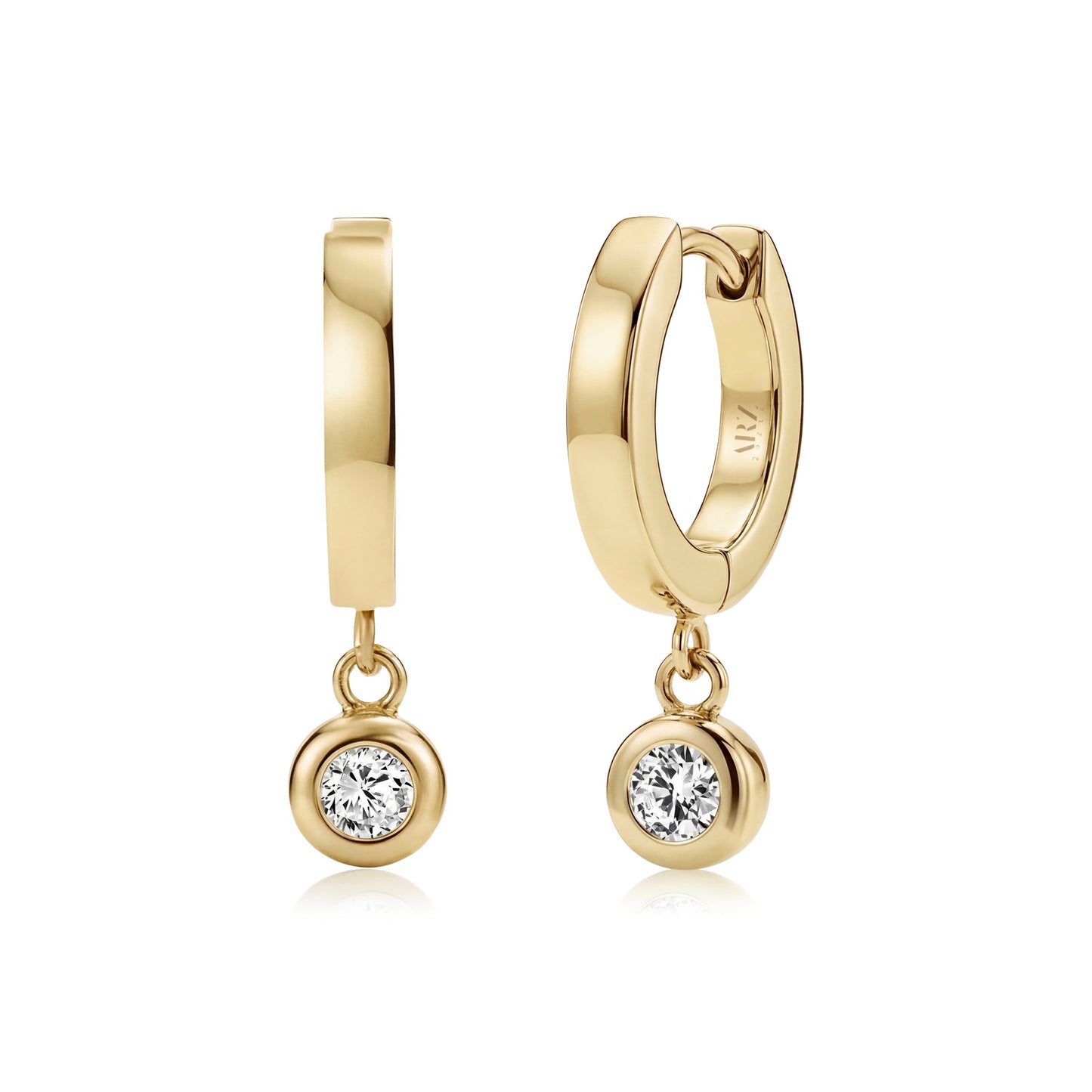 Gold bezel drop huggie hoop earrings with 5mm bezel width and clear stones hanging from 13mm hoops