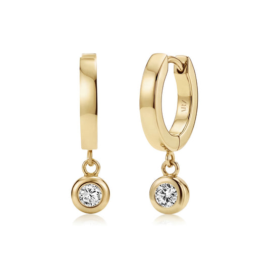 Gold bezel drop huggie hoop earrings with 5mm bezel width and clear stones hanging from 13mm hoops