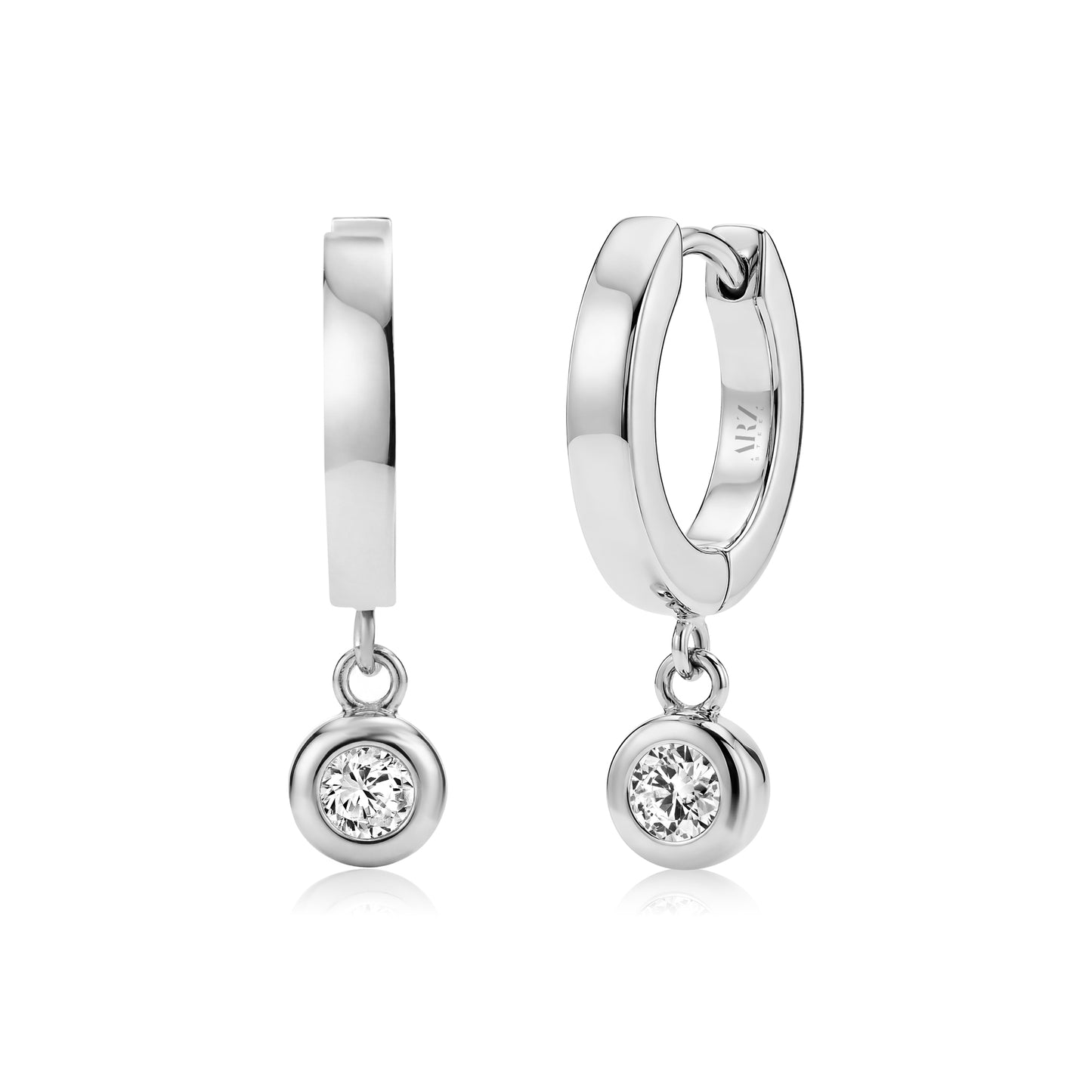 Silver bezel drop huggie hoop earrings with 5mm bezel width and clear stones hanging from 13mm hoops