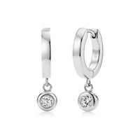 Silver bezel drop huggie hoop earrings with 5mm bezel width and clear stones hanging from 13mm hoops