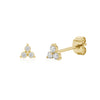 Gold lotus flower stud earrings with three clear stones, 5mm wide with secure post backs, shown front and side view
