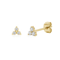 Gold lotus flower stud earrings with three clear stones, 5mm wide with secure post backs, shown front and side view