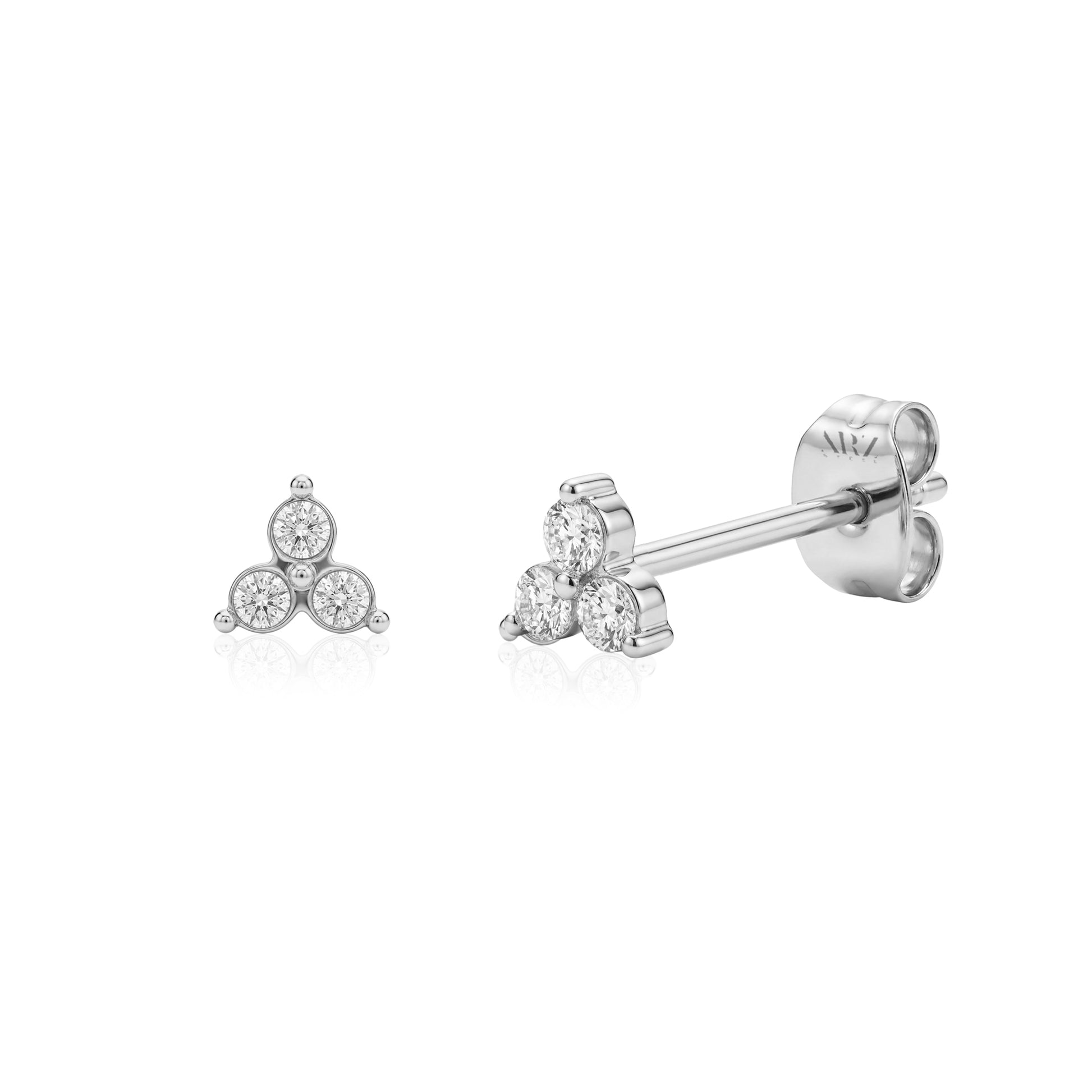 Silver lotus flower stud earrings with three clear stones, 5mm wide with secure post backs, shown front and side view