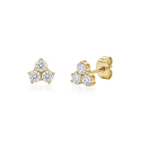 Gold stainless steel lotus flower stud earrings with three 2mm stones on white background