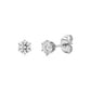 Close-up of polished stainless steel 6-prong round stud earrings with clear cubic zirconia stones  