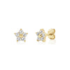 Gold flower cluster stud earrings with cubic zirconia stones, front and side screw-back view