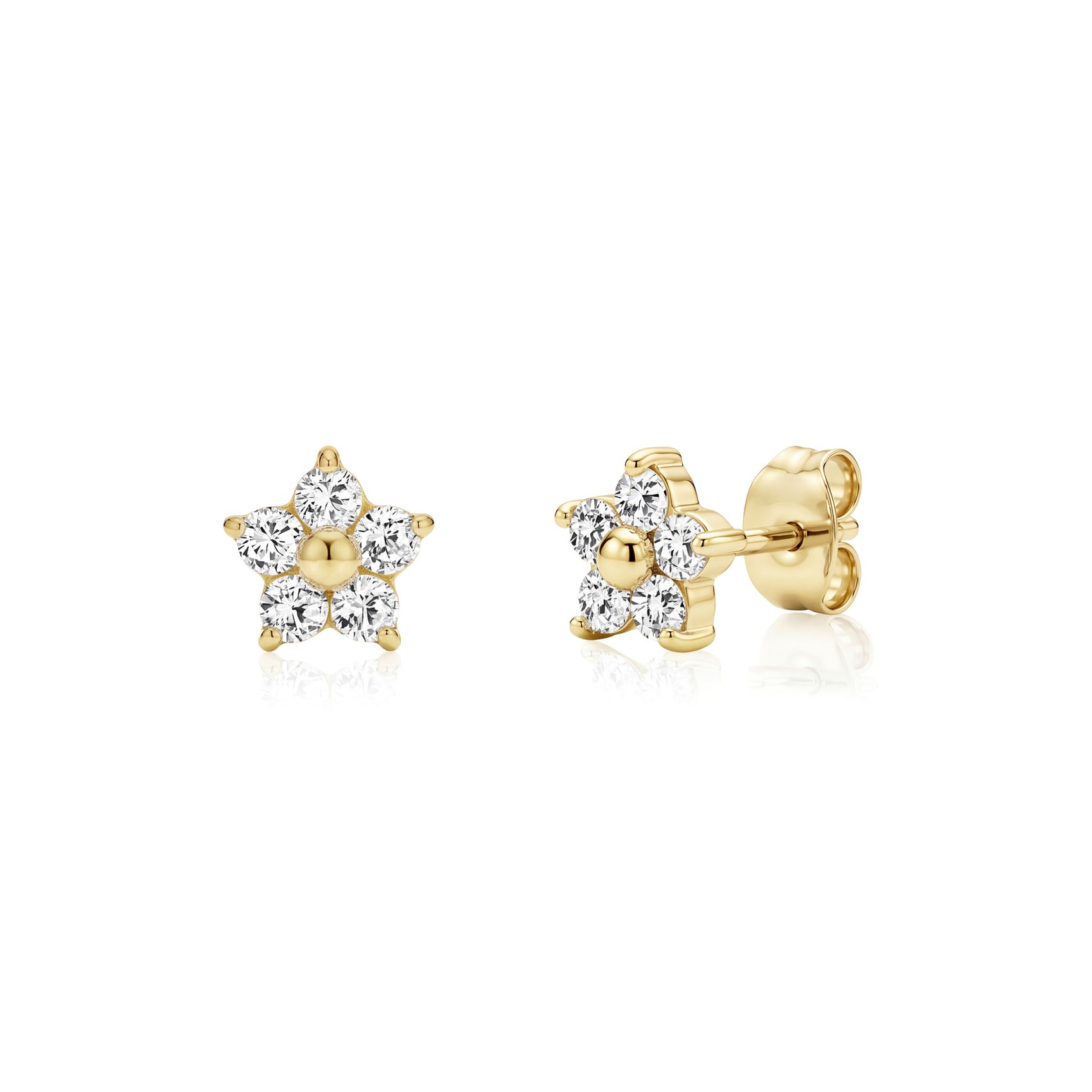 Gold flower cluster stud earrings with cubic zirconia stones, front and side screw-back view